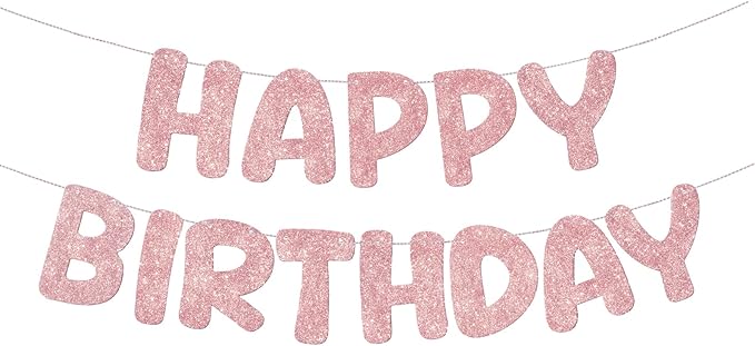 Fulmoon Glitter Pre Strung Happy Birthday Banner No DIY Party Decorations Happy Birthday Sign Decor for Men Women Boy Girls Backdrop(Rose Gold)
