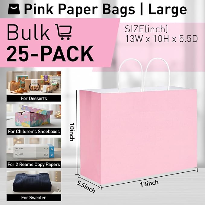 SUNCOLOR Paper Gift Bags with Handles, Pink, 13x10x5.5 Inch, Large Size, 25 Pack, for Birthday, Wedding, Shopping