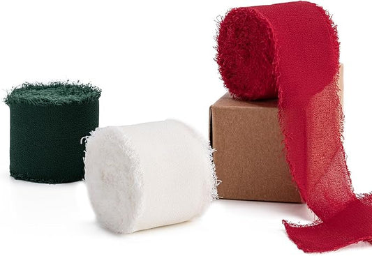 Husfunov Handmade Chiffon Ribbon Set,1.5Inch x 3 Rolls Total 24 Yards Ivory/Red/Green Fringe Chiffon Silk Ribbon,for Wrapping Wedding Invitations,Bridal Bouquets,DIY Crafts,Home Decor and More