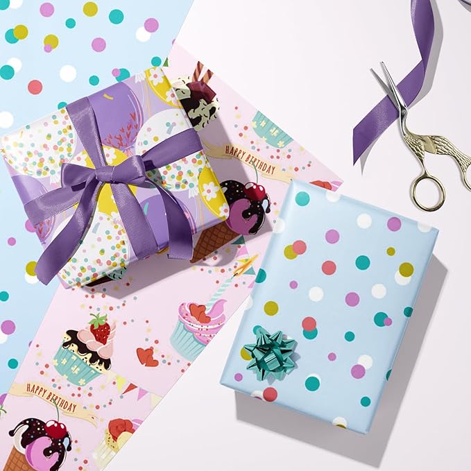 LeZakaa Cupcake Birthday Wrapping Paper Roll, Cupcake, Ice Cream, Balloon, Polka Dot in Blue for Birthday, Baby Shower Party Favor for Kids, Baby Girl, Women, Mini Roll, 17 x 120 inches, 3 Rolls