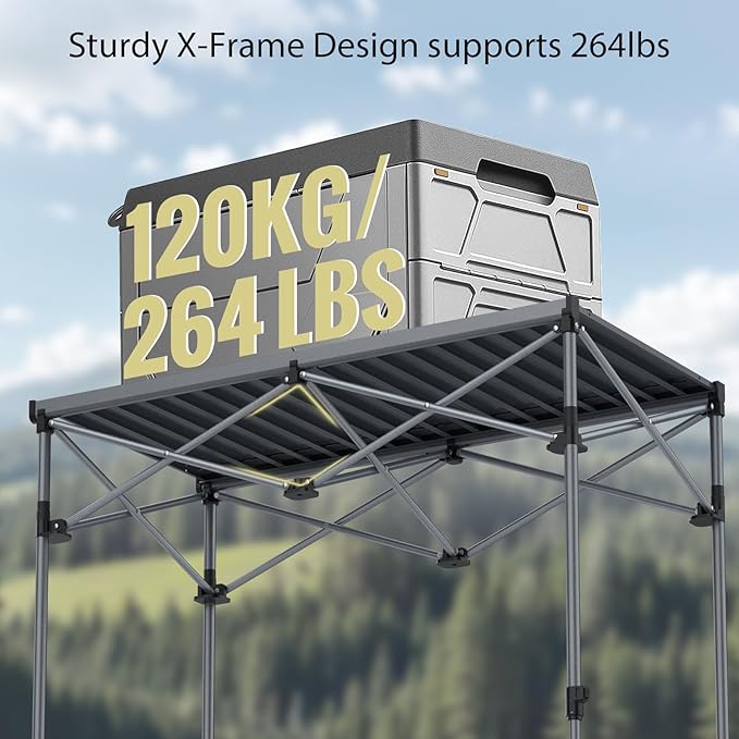Anbte 34.2” Tall Camping Table Foldable, 2 Adjustable Height Large Roll Up Camping Table Support 264lbs with Storage Basket and Bag, Waterproof, for Travel BBQ Outdoor Patio, 39.4” x 19.7”, Black