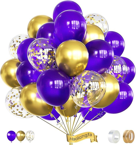 Purple and Gold Balloons,12 In 60 Pcs Dark Purple Balloon Metallic Gold Balloons and Confetti Balloon, for Mothers Day Decor, Class of 2025 Graduation Decor, Baby Shower, Birthday, Wedding Supplies