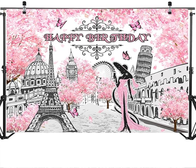 Mocsicka Paris Birthday Backdrop - Pink Floral Paris Themed Party Decorations - European City Landscape - 8x6ft