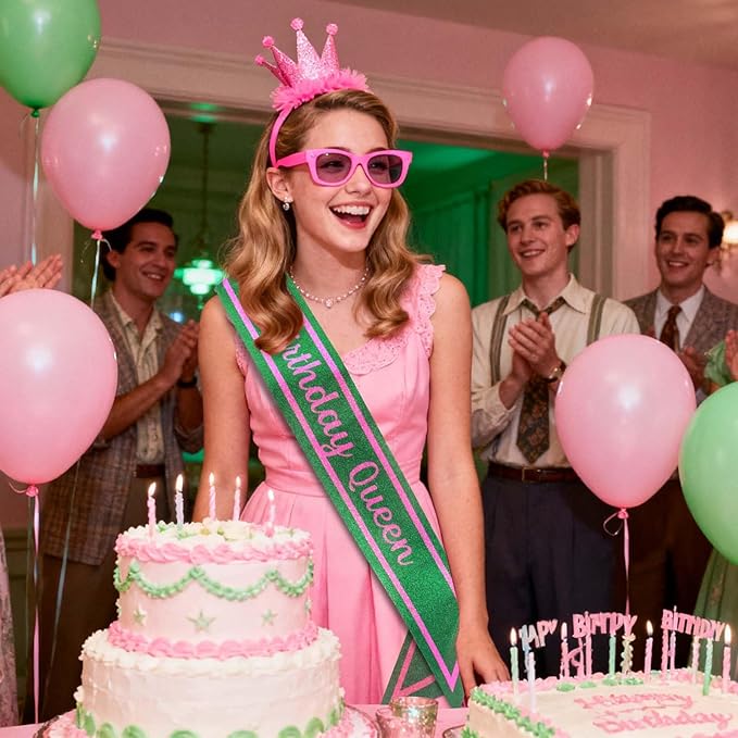 Pink Green Birthday Sash for Girls, Letter "Birthday Queen" Witch Themed Sash with Glitter Foil, Happy Funny Accessories for Party Favors Supplies