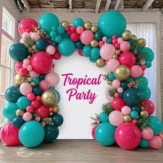 Teal Blue Pink Balloon Garland, Double Stuffed Hot Light Pink Dusty Blue Gold Balloon Arch Kit for Summer Birthday Baby Shower Gender Reveal Tropical Party Decoration