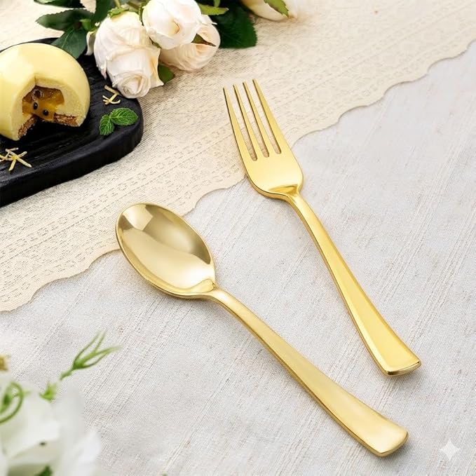 Goodluck 200 PCS Gold Plastic Silverware, Heavy Duty Plastic Cutlery Includes 100 Forks and 100 Spoons, Elegant Disposable Utensils, Durable Flatware for Parties, Weddings Catering and Dinners