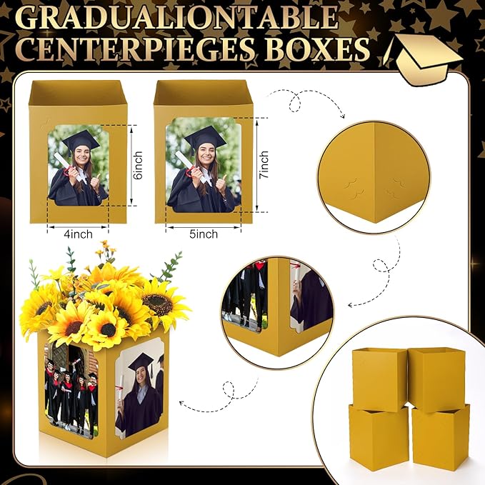 Spiareal 12 Pcs Graduation Box Centerpieces for Table 6/7 Inch Photo Display Congrats Grad Party Favor Gift College Picture Box Photo Props Frame for Graduation Table Decoration(Gold)