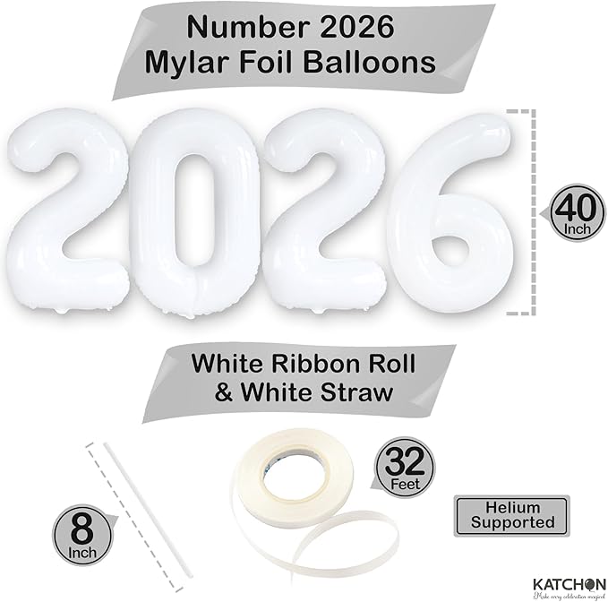 White 2026 Balloons 42 Inch, Giant - White Graduation Decorations 2026, Foil Number 2026 Graduation Balloons Class of 2026 Decorations | Graduation Party Decorations | Prom Decorations 2026, Katchon