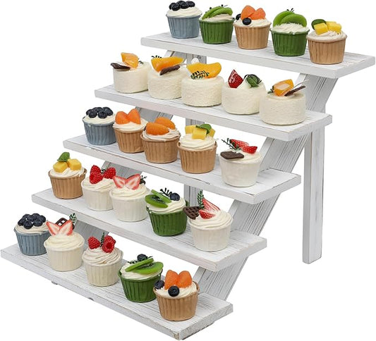 SwallowLiving 5 Tier Wooden Rustic Cupcake Stand for 30 Cupcakes, Stepped Wood Display Stand for Weddings, Tiered Party Table Display Riser for Food , Dessert, Cookie, Decor, Craft Show, White
