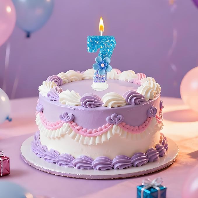 Blue Purple Flower Birthday Number Candles, Flower Theme Party Decorations, Cupcake Decorations, Suitable for Party Celebrations, Boys and Girls Birthday Decorations（7）