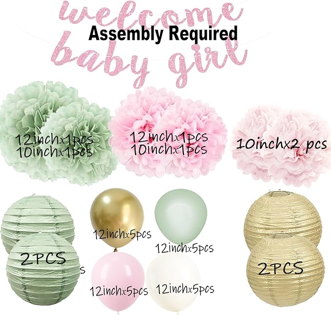 Baby Girl Decorations for Shower in Sage Pink Balloons with Welcome Banner and Paper lantern Tissue Pom Poms Kit (Pastel Sage green + Pink)