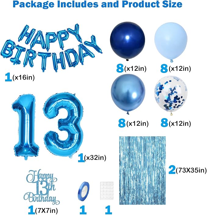 13th Birthday Decorations for Boys 13th Birthday Balloons 13 Cake Topper Happy Birthday Banner Blue Streamers Happy 13th Birthday Decorations