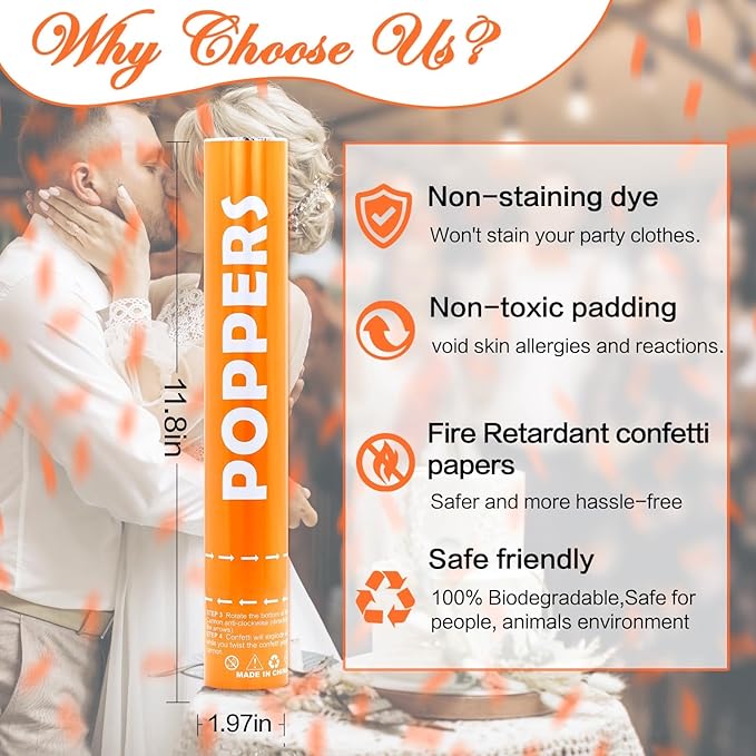 Confetti Cannon 12Pack Orange Party Popper Shooters 12 Inch Confftti Poppers for Wedding Birthday Graduation Christmas New Year Eve Party Supply Launches 20-25ft