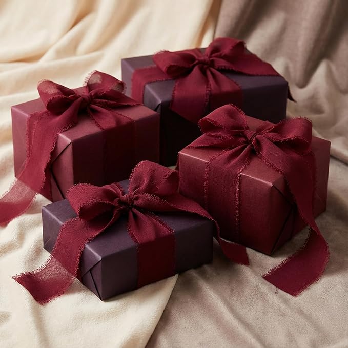 Handmade Chiffon Ribbon 1.5 Inch Wide, 3 Rolls 21 Yards, Burgundy Frayed Edge Fabric Ribbon for Formal Wedding Decor, Floral Accents & Elegant Gift Wrapping(Burgundy)