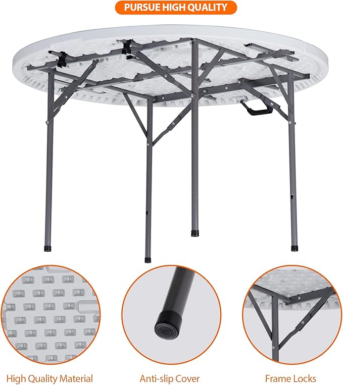 ZenStyle Folding Table, Indoor Outdoor Portable Plastic Dining Card Table Utility Table for Camping Dining Event Party, White (Round, 48"x48")