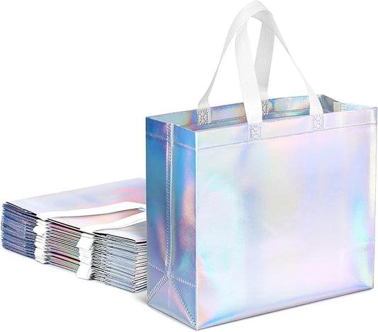 VGOODALL 15 PCS Reusable Gift Bags, 12.6" x 5" x 11" Iridescent Gift Bags, with Handles & Sturdy Base, for Wedding Party Supplies