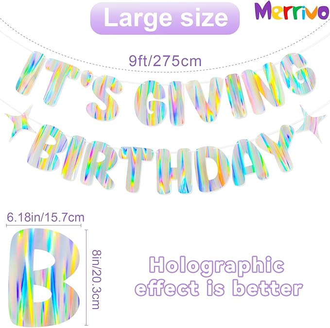 Iridescent It's Giving Birthday Banner, Pre-Strung Fun Birthday Decorations supplies, Cute Party Sign for 21st & Sweet 16 Celebrations & Photobooth Backdrop