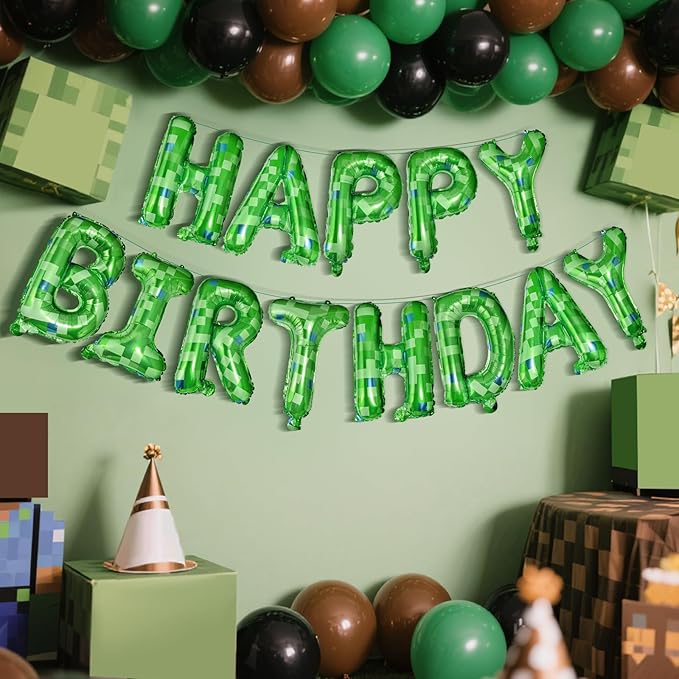 CANREVEL Happy Birthday Banner 13pcs 16 Inch Mylar Foil Letters Sign Balloons Green Pixel Miner Theme Birthday Party Decorations for Kids and Adults