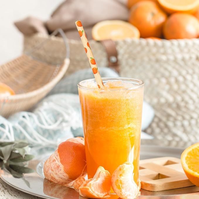 Whaline 200Pcs Orange Paper Straws Little Cutie Drinking Straw Orange Fruit Disposable Straw for Baby Shower Summer Party Supplies