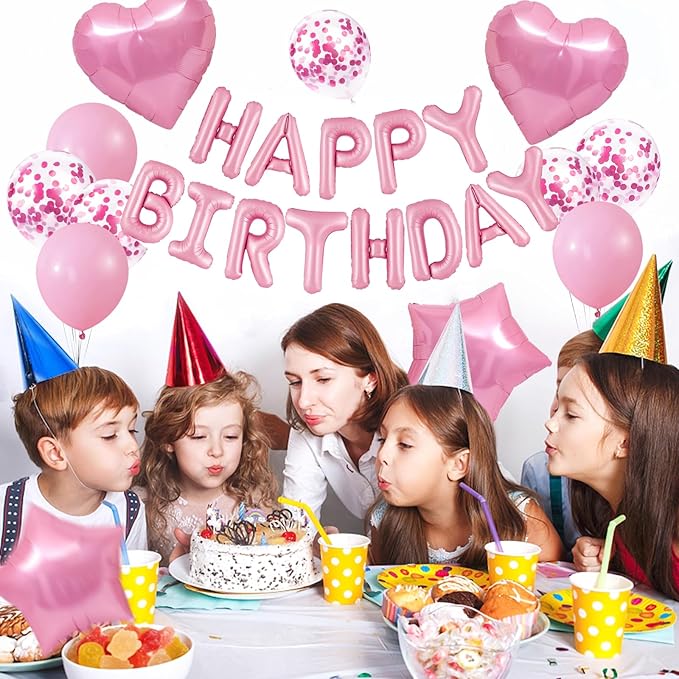 CANREVEL Happy Birthday Balloons Banner 16 Inch Mylar Foil Letters with Star & Heart Balloons Birthday Party Decorations for Men and Women - 30 Pcs Pink