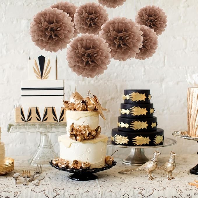 20 PCS Coffee Tissue Paper Pom Poms, Tissue Pom Poms Flowers, Sizes of 6", 10", 12", 14" Hanging Paper Flower Ball for Wedding, Birthday, Halloween, Christmas, Baby Shower Party Decor