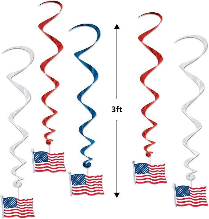 Beistle 5 Piece American Flag Whirls, 3’ Long Hanging Patriotic Stars and Stripes Decorations, Red, White & Blue Party Supplies, Fourth of July, Memorial Day & Festive Themed USA Holiday Decor