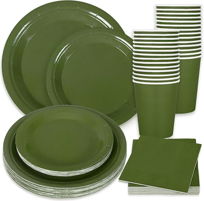 Whaline 100Pcs Olive Green Tableware Set Wedding Disposable Dinnerware Set 50Pcs Paper Plates 25Pcs Napkin 25Pcs Cups for Birthday Bride Shower Party Supplies Table Decorations