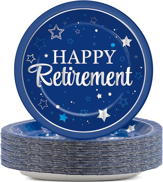 Qyeahkj 48 Pcs Retirement Party Plates Happy Retirement Party Supplies Disposable Paper Dessert Plates Supplies Blue and Silver Lunch Dinner Cake Plates Tableware Decorations for Men Women