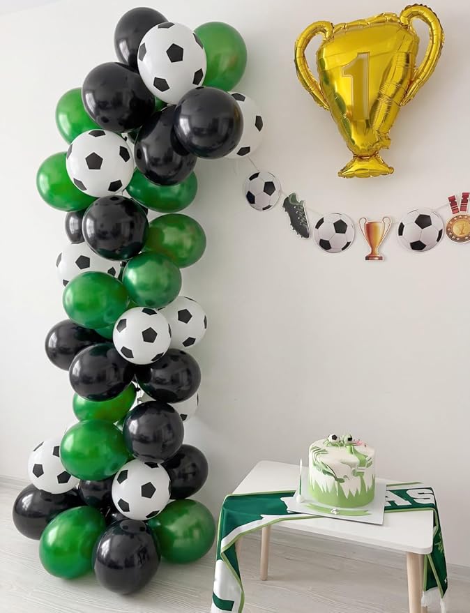 Soccer Balloons, 50 Pcs 12 Inch Green Black Soccer Print Latex Balloons for Boys Kids Soccer Birthday Party Decorations, Sports Theme Party Supplies