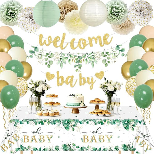 Baby Shower Decorations Sage Green Welcome Baby Sign Banner with Green Balloons Oh Baby Tablecloth Gender Neutral Baby Items Paper Pom Poms Decorations for Gender Reveal Party Supplies