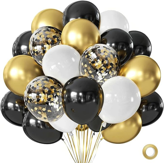 Black Gold White Balloons, 50pcs 12inch Matte White Black Metallic Gold Confetti Latex Balloons with Gold Ribbons for Birthday Graduation New Years Retirement Party Decorations