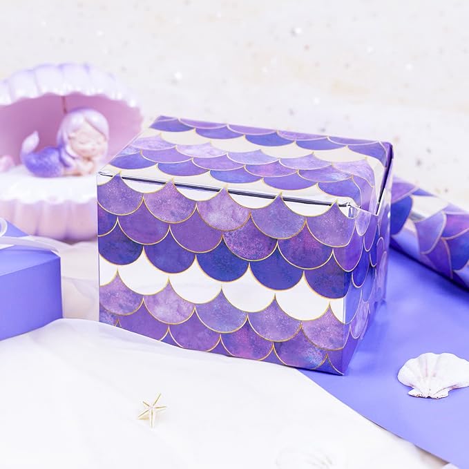 MAYPLUSS Purple Birthday Wrapping Paper Roll, Mermaid Wrapping Paper, Reversible Glitter Mermaid Scale Purple Gift Wrap with Metallic Foil for Girl Birthday Christmas Baby Shower (17 Inch X 33 Feet)