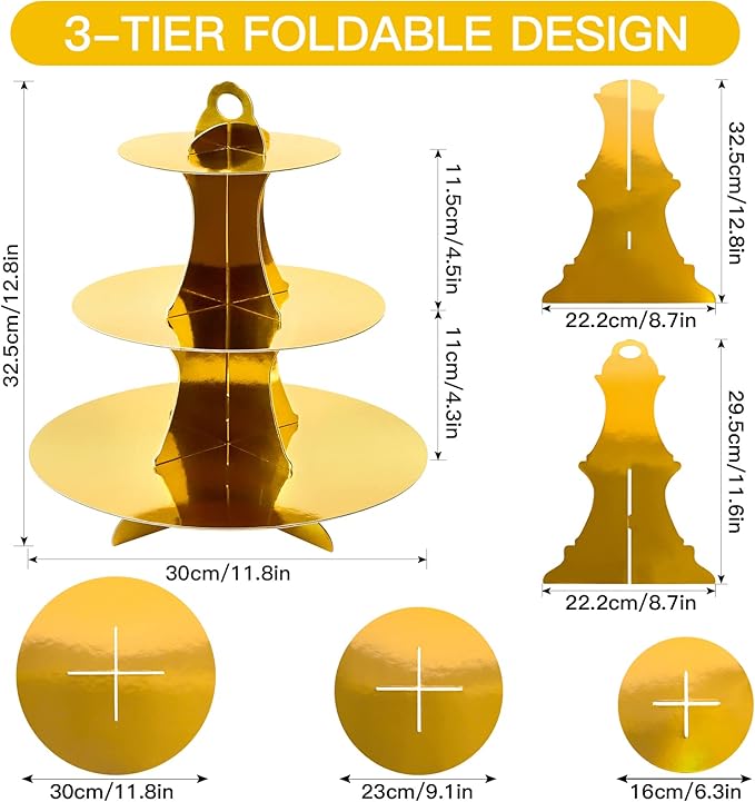 Soleebee 3-Tier Round Cupcake Stand, Cardboard Cupcake Tower, Dessert Cup Cake Stand Tower for Birthday Wedding Party Decoration, Cupcake Tier Stand 2 Set (Gold)