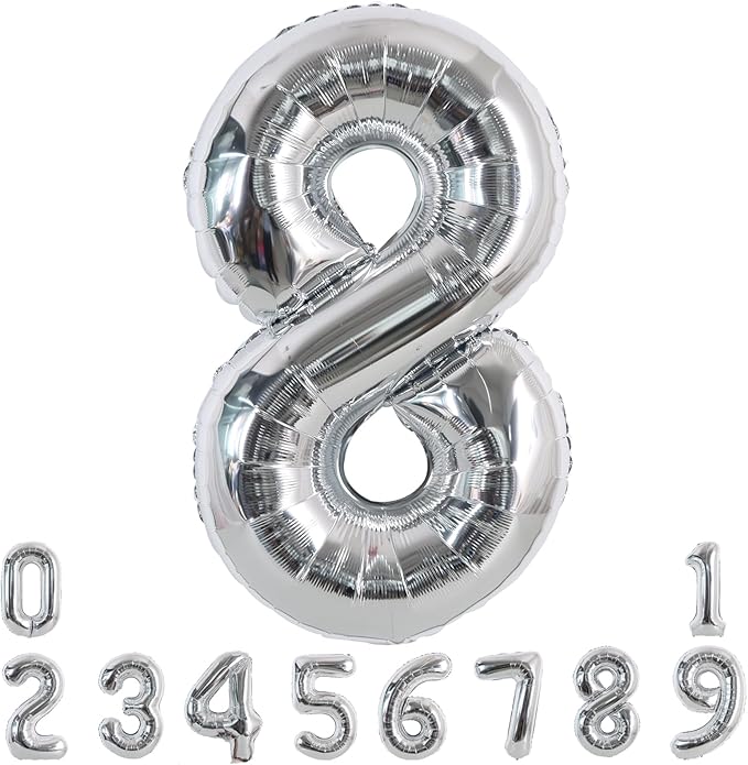 TONIFUL 40 Inch Silver Large Numbers Balloons 0-9, Number 8 Digital 8 Helium Foil Mylar Big Number Balloons for 2026 Graduation New Year Eve Birthday Party Anniversary Supplies Decorations
