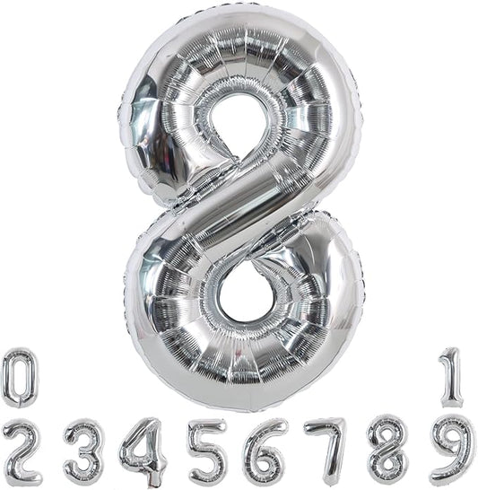 TONIFUL 40 Inch Silver Large Numbers Balloons 0-9, Number 8 Digital 8 Helium Foil Mylar Big Number Balloons for 2026 Graduation New Year Eve Birthday Party Anniversary Supplies Decorations