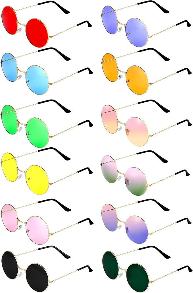 ONESING 8-20 Pairs Round Hippie Sunglasses Circle Sunglasses for Women Glasses Multicoloured Hippie Headband Disco Party