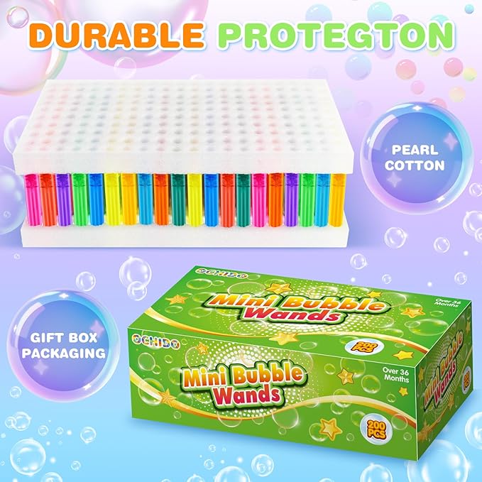OCHIDO 200 Pieces Mini Bubble Wands in 10 Colors, Bubbles Party Favors for Kids, Bubble Wands Bulk for Summer Toys Gift, Indoor Outdoor Activity, Themed Birthday, Wedding, Goodie Bags Stuffers