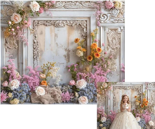 Kate 10x8ft Frame Style Retro Wall Wedding Portrait Photography Backdrops Colorful Fresh and Dried Flowers Romantic Sweetheart Birthday Photo Background