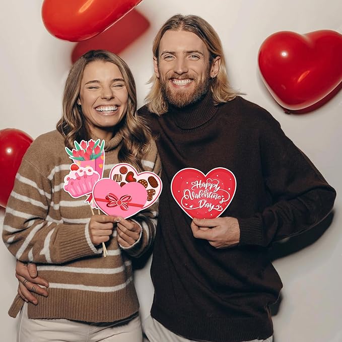 Happy Valentine's Day Photo Booth Props Kit, 24 PCS Selfie Photo Booth Accessories with “Happy Valentine’s Day” Signs, Cute Heart Themed Party Decorations for Valentine’s Party Favors