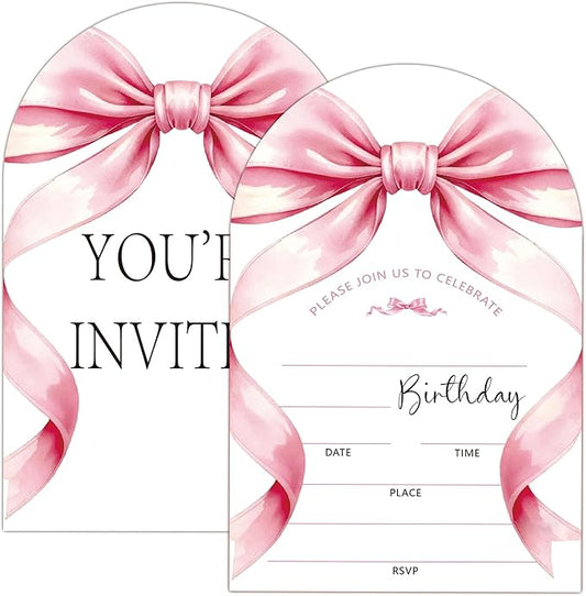 Pink Bow Birthday Party Invitations, Pink Ribbon Bow Party Invitations for Girls, 20 Fill-In invites with Envelopes, Birthday Party Favor & Decoration (arch)