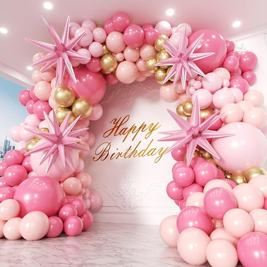 Pink Balloons Garland Arch Kit 153pcs with Star - 22 18 12 10 5in Different Size Shades of Pink and Gold Confetti Latex Balloons for Birthday Baby Shower Wedding Valentine's Party Decorations