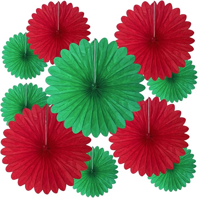 20 Pcs Red Green Hanging Paper Fan, Round Paper Fans Decorations Set for Weddings, Birthdays, Engagement, Bridal Shower, Christmas Party Supplies Decor