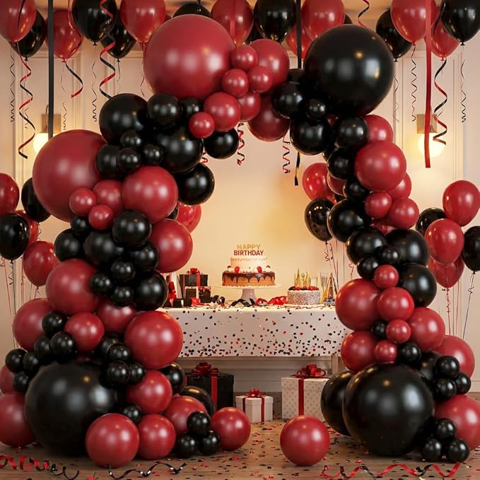 RUBFAC 135pcs Ruby Red Balloons, Cherry Dark Red Burgundy Latex Balloon Different Sizes 18 12 10 5 Inch for Garland Arch Birthday Wedding Party Decoration