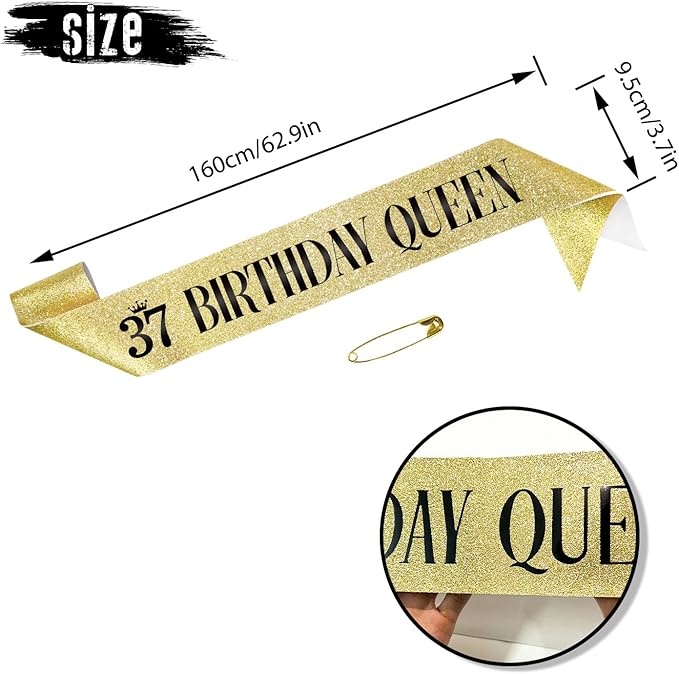 37 Birthday Queen 37th Birthday Sash for Women, Gold Glitter Sash with Black Foil