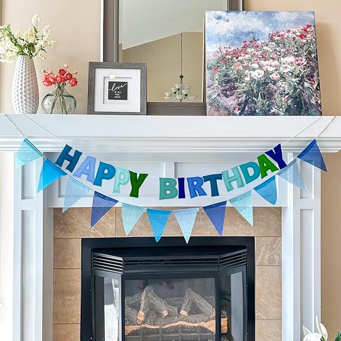 Pre-Strung Happy Birthday Banner - Felt Ball Garland, Rainbow Party Decorations, HAPPY BIRTHDAY Garland, Personalized Birthday Sign for Birthday Decor, Party Decor, Photo Prop (Blue Happy Birthday Banner)