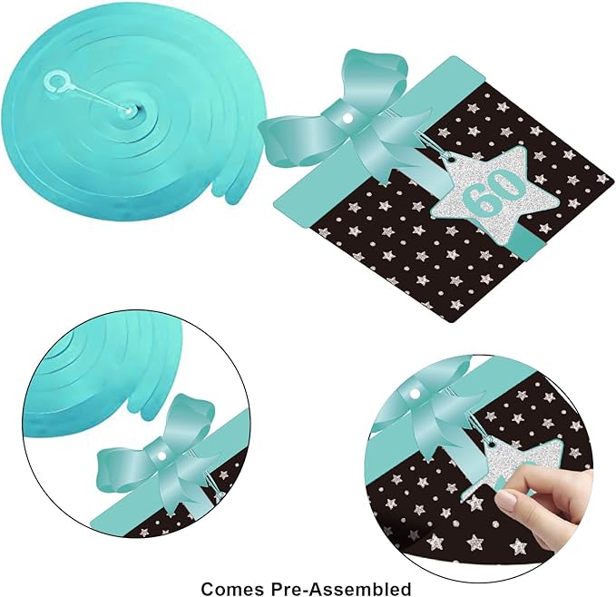 Happy 60th Birthday Party Hanging Swirls Streams Ceiling Decorations, Celebration 60 Foil Hanging Swirls with Cutouts for 60 Years Teal Silver Black Blue Birthday Party Decorations Supplies
