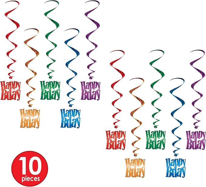 Beistle 10 Piece Colorful Metallic Plastic Happy Birthday Hanging Spirals Whirls Party Decorations