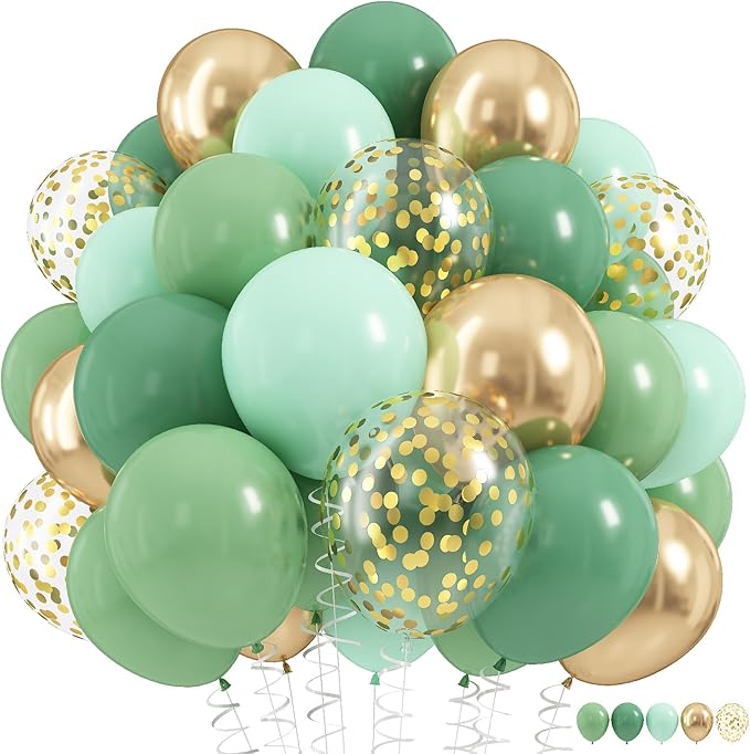 Sage Green Balloons Set, 60Pcs 12 Inch Olive Macaron Pastel Green Balloons with Metallic Confetti Gold Jungle Latex Balloon for Birthday Party Woodland Safari Baby Bridal Shower Decorations Supplies
