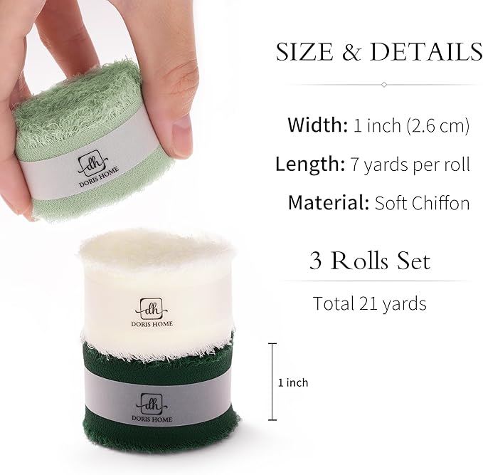 DORIS HOME Green and Cream Chiffon Ribbon for Flower Bouquet, 1" x21Yd Fabric Ribbon for Gift Wrapping, Handmade Frayed Ribbon for Wedding Invitations/Christmas Decorations