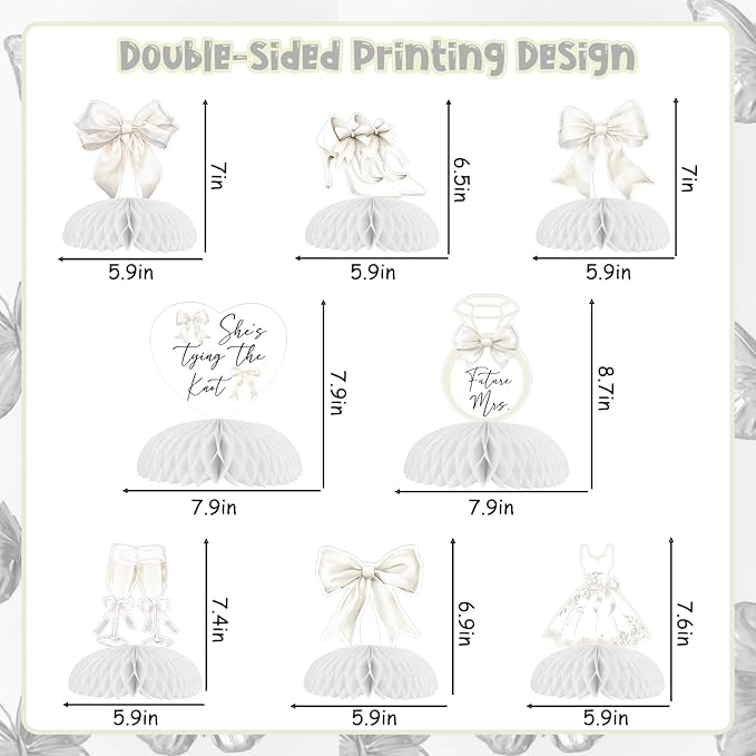 8Pcs White Bow Bachelorette Honeycomb Centerpieces, She's Tying The Knot Bridal Shower Decorations Bowknot Theme Table Toppers for Engagement Decor Supplies